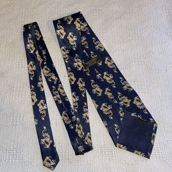 Kailong Dress Tie Mens Size 56 Long 4 Wide Blue Dragon Motif 100% Silk Hand Made - Picture 8 of 12